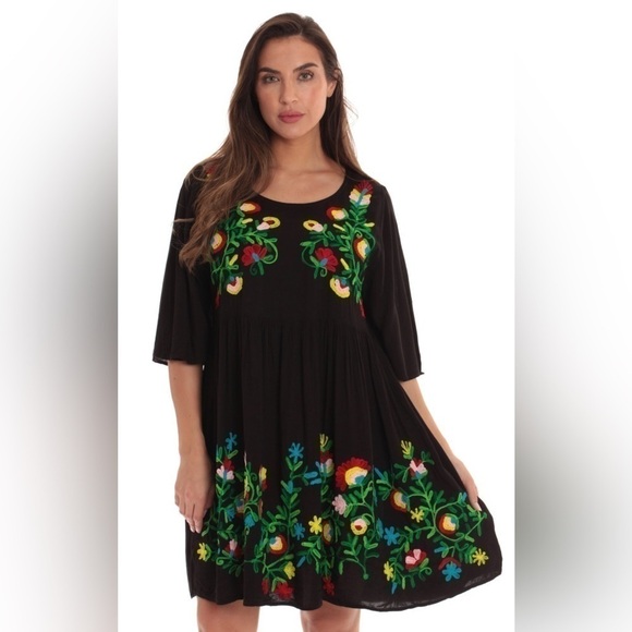 Riviera Sun Rayon Crepe Short Black Dress with Multicolored Embroidery No Size - Picture 1 of 7
